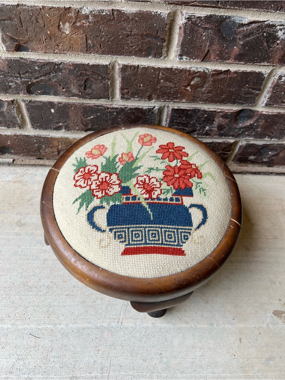 Vintage Embroidered Floral Needlepoint Footstool